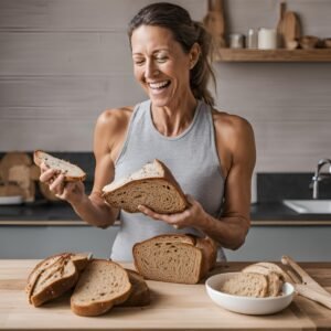 healthy woman eating low carb bread with sourdough fermentation