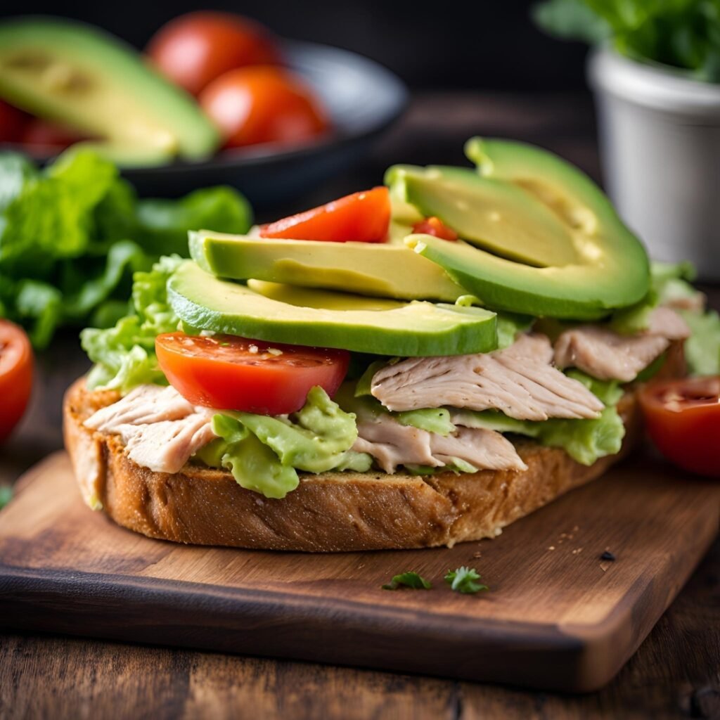 low carb bread sandwich with avocado, chicken, and tomato